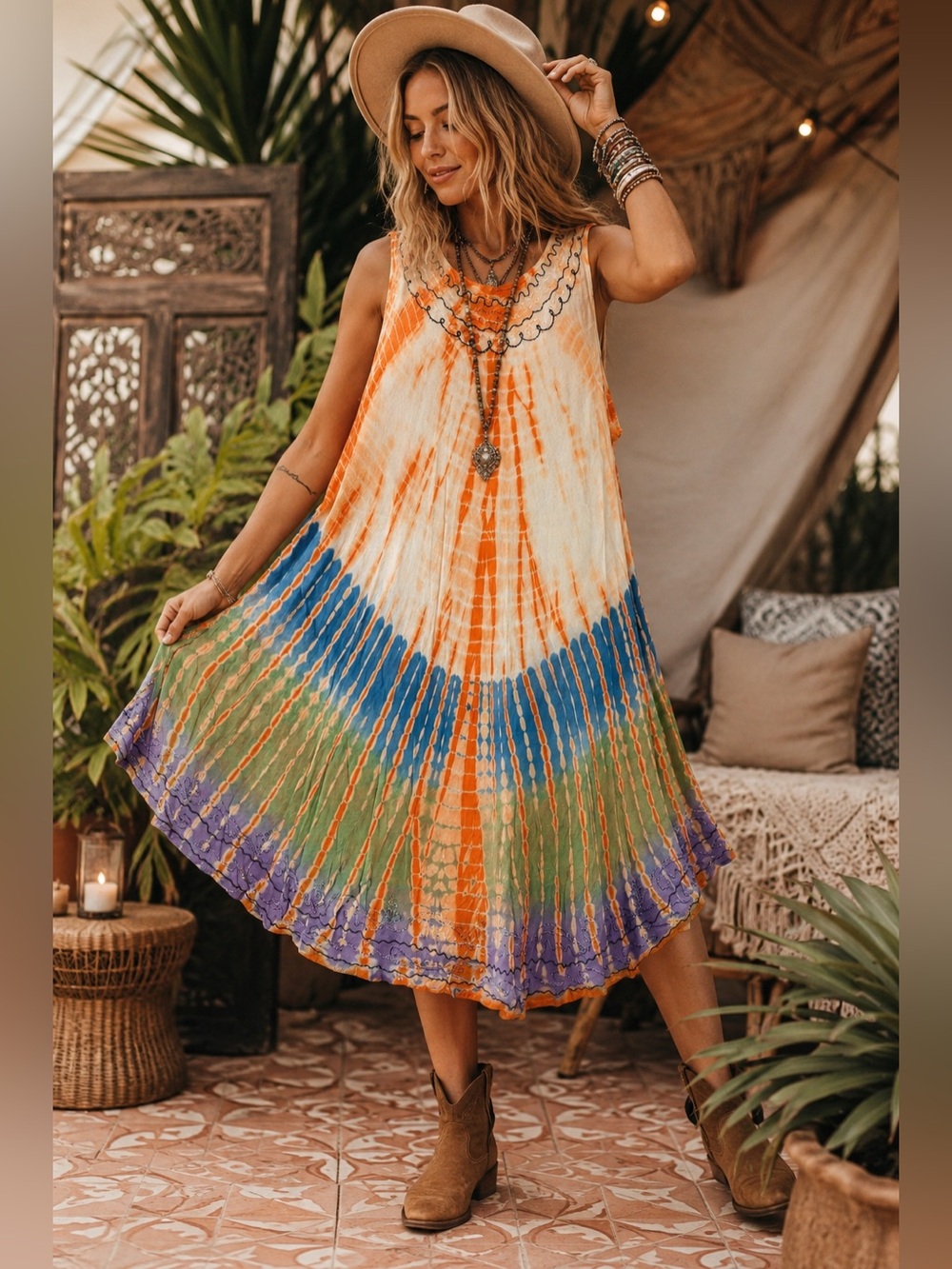 Boho Tie Dye Sleeveless Tunic Dress Embroidered Midi Festival Hippie Resortwear